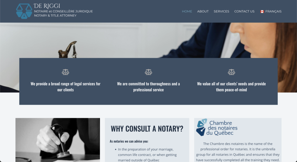 De Riggi notary website homepage designed by Mia Lachapelle Montréal
