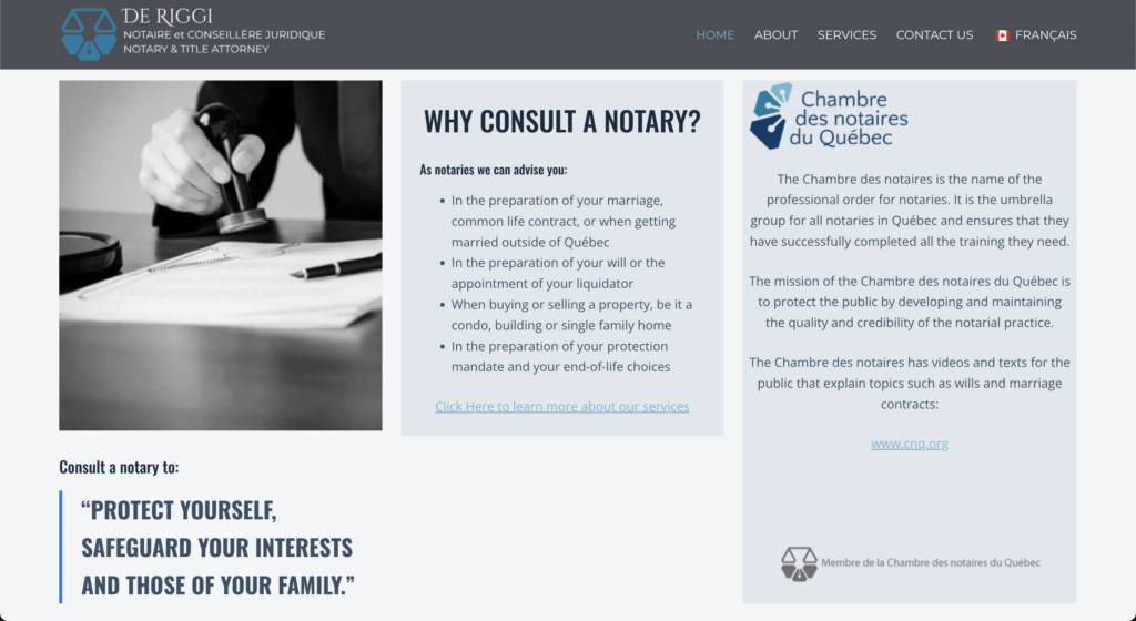 De Riggi notary website about page by Mia Lachapelle