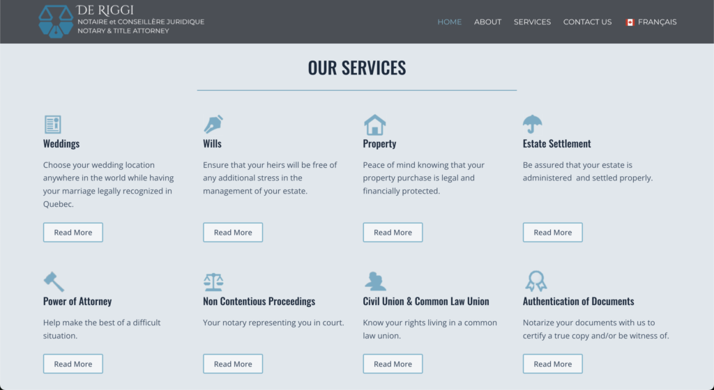 De Riggi notary website services section by Mia Lachapelle
