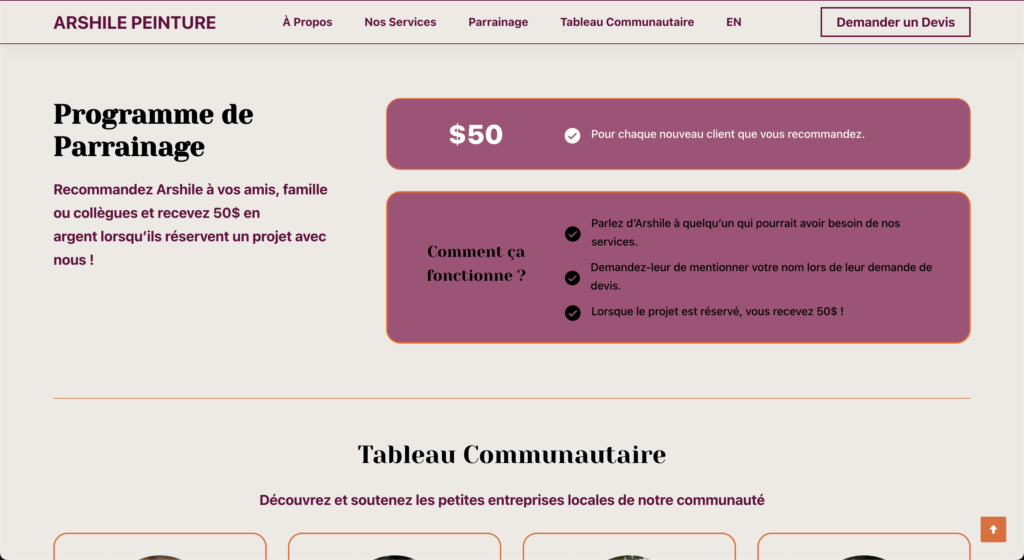 Arshile Peinture referral website design Montréal